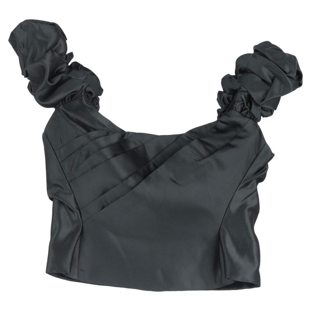 Loveshackfancy Pleated Scrunched Off-Shoulder Crop Top in Black Polyester